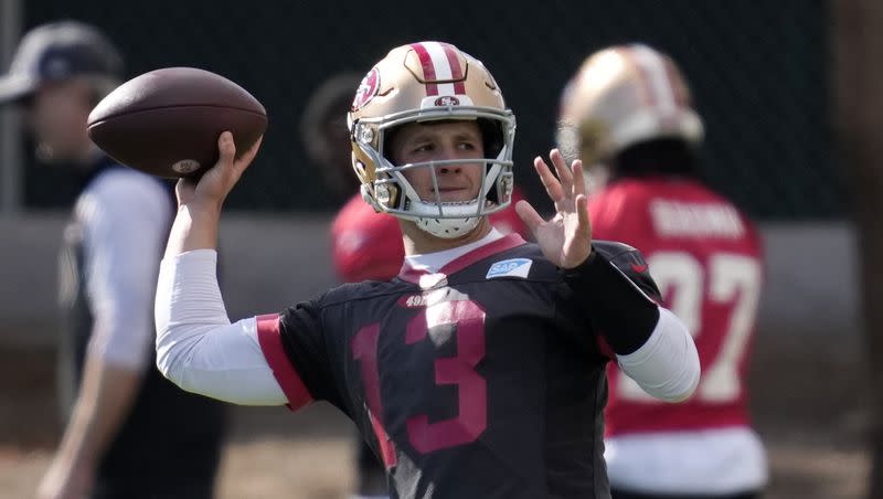 San Francisco 49ers quarterback Brock Purdy (13) throws during practice ahead of the Super Bowl 58 NFL football game Wednesday, Feb. 7, 2024, in Las Vegas. The 49ers play the Kansas City Chiefs Sunday in Las Vegas.