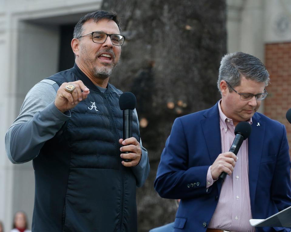 The University of Alabama honored SEC championship teams in men's basketball, softball and gymnastics Friday, Nov. 5, 2021, at the Sarah Patterson Champions Plaza. Softball Head Coach Patrick Murphy and Chris Stewart talk about the championship season on stage. [Staff Photo/Gary Cosby Jr.]