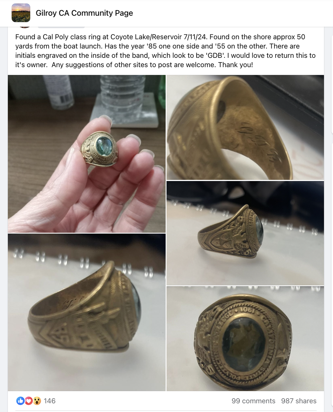 A Cal Poly class ring was picked up at Coyote Lake Reservoir on July 11, 2024. The owner is still yet to be found.