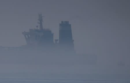 Iranian oil tanker Grace 1 sits anchored in the fog after it was seized in July by British Royal Marines in the Strait of Gibraltar