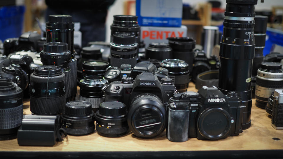 Vintage camera kit on the Disabled Photographers Society stand at The Photography & Video Show 2024