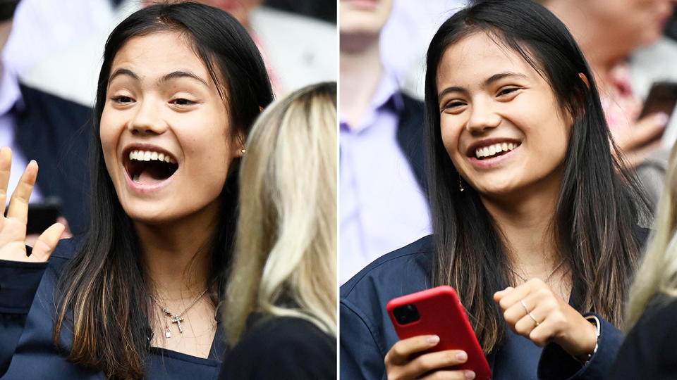 Emma Raducanu, pictured here at Wimbledon watching the women's final.