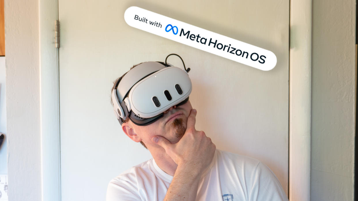  Wearing a Meta Quest 3 making an unsure face at the Meta Horizon OS logo. 