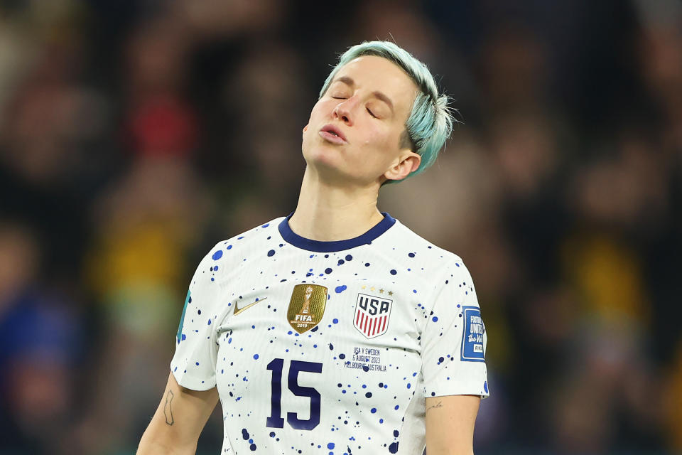 MELBOURNE, AUSTRALIA - AUGUST 06: Megan Rapinoe of USA reacts after missing her team's fourth penalty in the penalty shoot out during the FIFA Women's World Cup Australia & New Zealand 2023 Round of 16 match between Sweden and USA at Melbourne Rectangular Stadium on August 06, 2023 in Melbourne / Naarm, Australia. (Photo by Robert Cianflone/Getty Images)