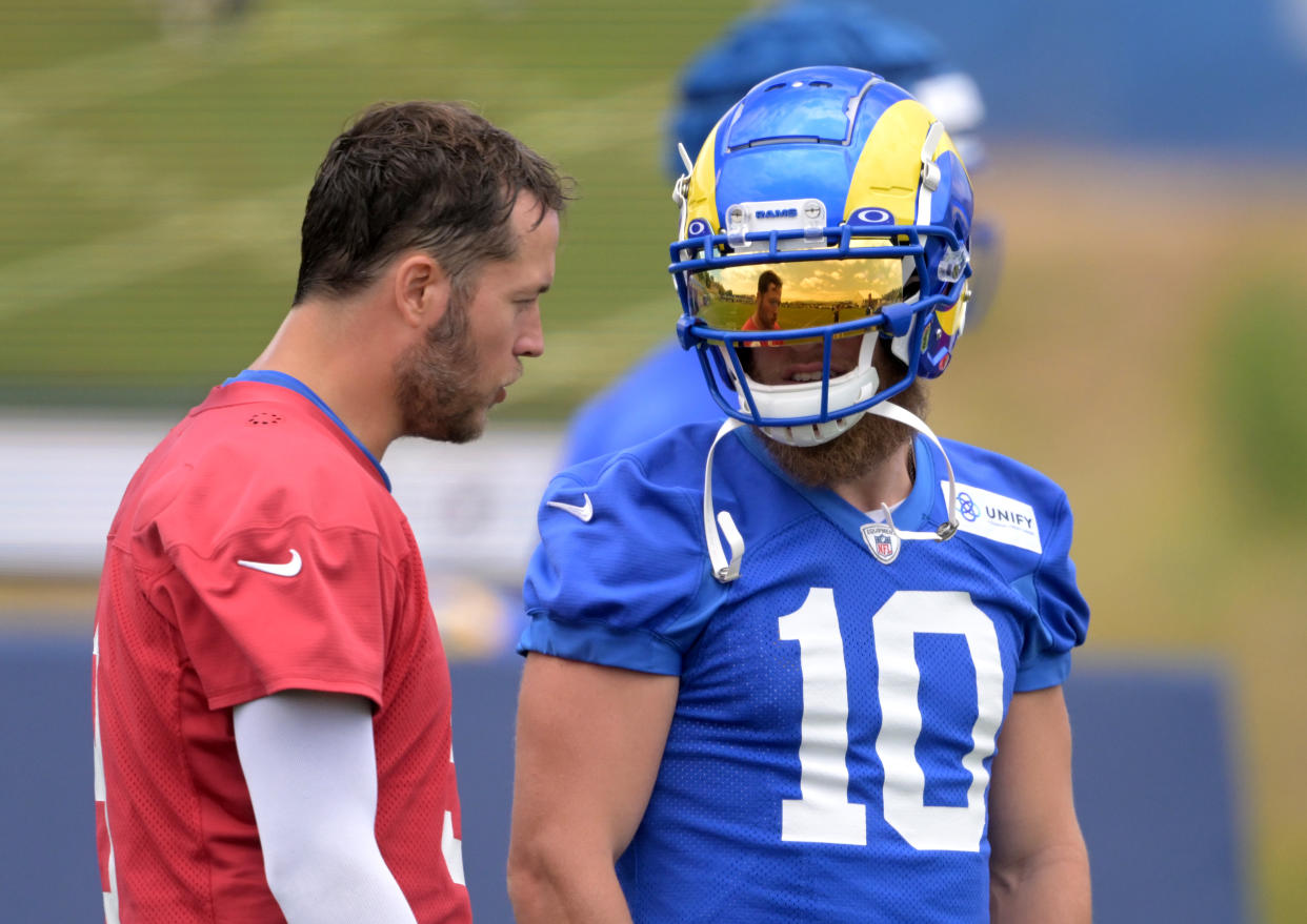 THOUSAND OAKS, CALIFORNIA - JUNE 13: Quarterback Matthew Stafford #9 talks with wide receiver Cooper Kupp #10 of the Los Angeles Rams during mini-camp at California Lutheran University on June 13, 2023 in Thousand Oaks, California. (Photo by Jayne Kamin-Oncea/Getty Images)