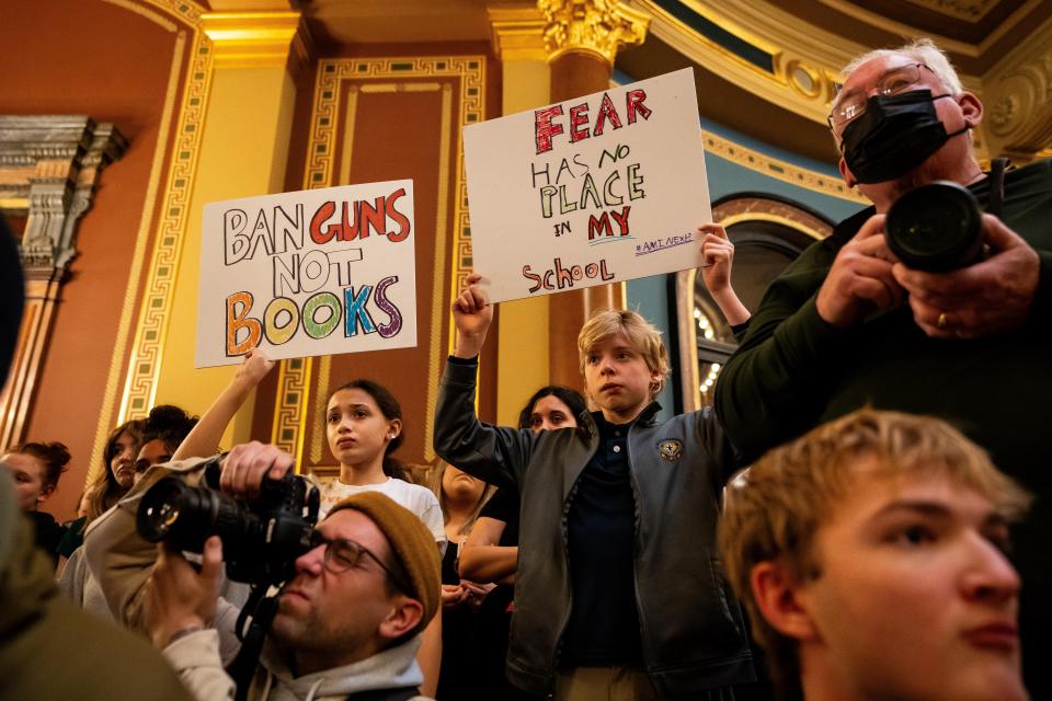 Nearly 300 high school students gather at the state capitol to call for gun legislation after a shooting at Perry High School Monday, Jan. 8, 2024, in Des Moines.