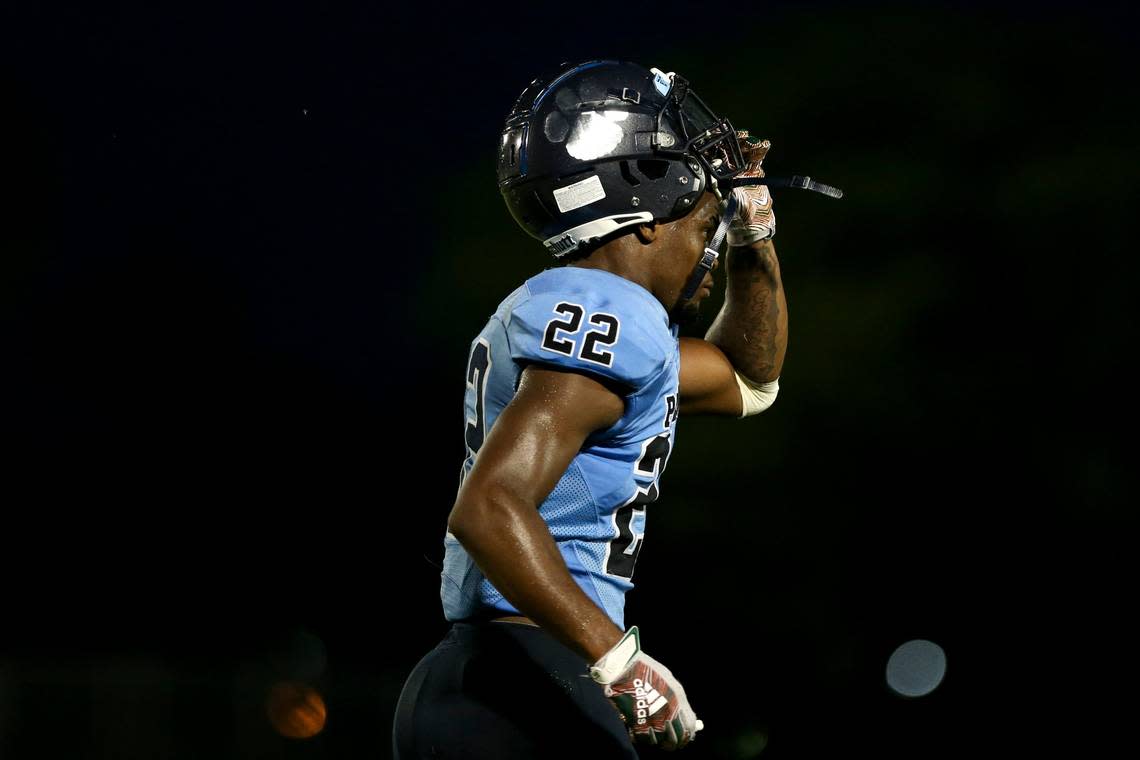 Palmetto Panthers Bobby Washington (22) runs off the field during the second quarter of a high school football game against the Homestead Broncos at Tropical Park Stadium in Miami, Florida, Thursday, August 25. 2022.