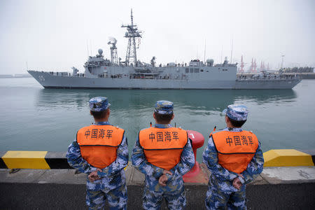 The Royal Australian Navy's Adelaide class guided missile frigate HMAS Melbourne (III) arrives at Qingdao Port for the 70th anniversary celebrations of the founding of the Chinese People's Liberation Army Navy (PLAN), in Qingdao, China, April 21, 2019. REUTERS/Jason Lee