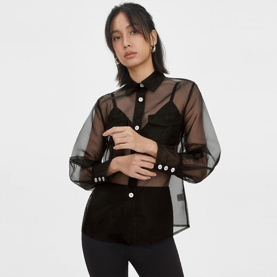 Sheer Buttoned Down Top - Black