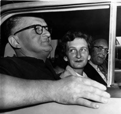 Carl Braden, left, was accompanied by his wife, Anne, after his release from prison in La Grange on July 2, 1955. He served seven months after being convicted of advocating sedition.
