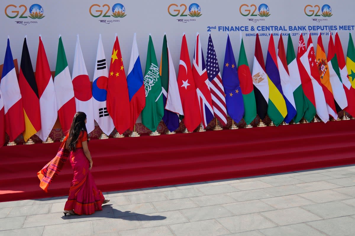 A delegate walks past a display of flags of participating countries at the venue of G-20 (AP)