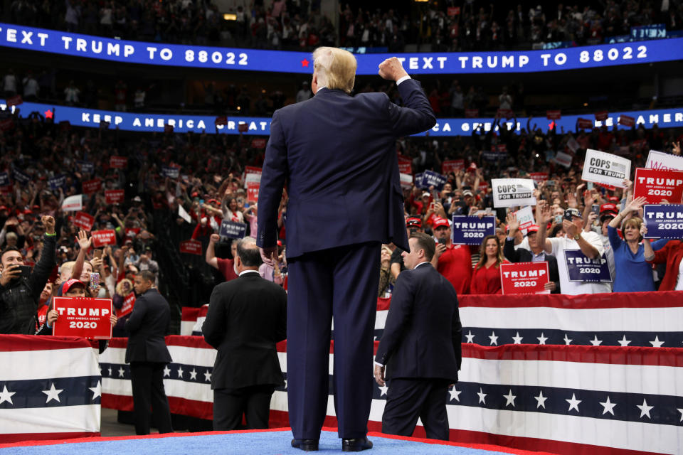 U.S. President Donald Trump gestures to supporters during a campaign rally in Dallas, Texas, U.S., October 17, 2019. REUTERS/Jonathan Ernst