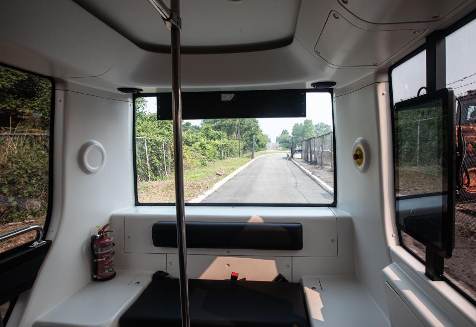 The interior of a  Ohmio Lift autonomous vehicle, which the Port Authority of New York & New Jersey demonstrated at John F. Kennedy International Airport June 8, 2023. The Port Authority demonstrated three vehicles, which could be used to ferry airport passengers from parking lots to the AirTrain or around the airport campus. 