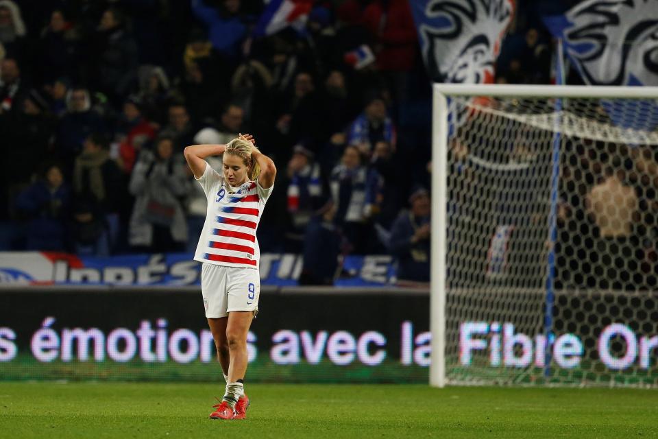USA's Lindsay Horan reacts after her team conceded a goal  during a women's friendly football match between France and USA at Oceane stadium in Le Havre, on January 19, 2019. (Photo by CHARLY TRIBALLEAU / AFP)        (Photo credit should read CHARLY TRIBALLEAU/AFP/Getty Images)