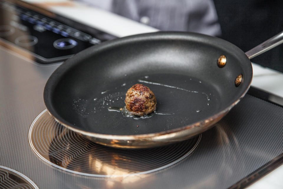 Meatball made from beef grown with stem cells.