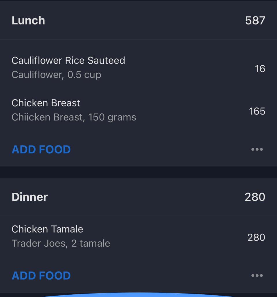 MyFitnessPal screenshot that shows part of a lunch and dinner