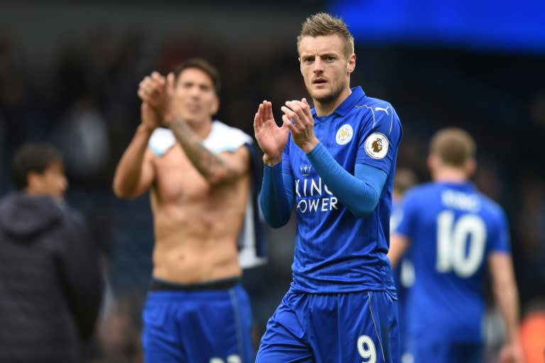 Leicester City's Jamie Vardy applauds supporters after their English Premier League match against West Bromwich Albion, at The Hawthorns stadium in West Bromwich, on April 29, 2017