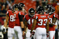 ATLANTA, GA - SEPTEMBER 17: Quarterback Matt Ryan #2 of the Atlanta Falcons talks with his team during warm ups prior to their game against the Denver Broncos at the Georgia Dome on September 17, 2012 in Atlanta, Georgia. (Photo by Kevin C. Cox/Getty Images)