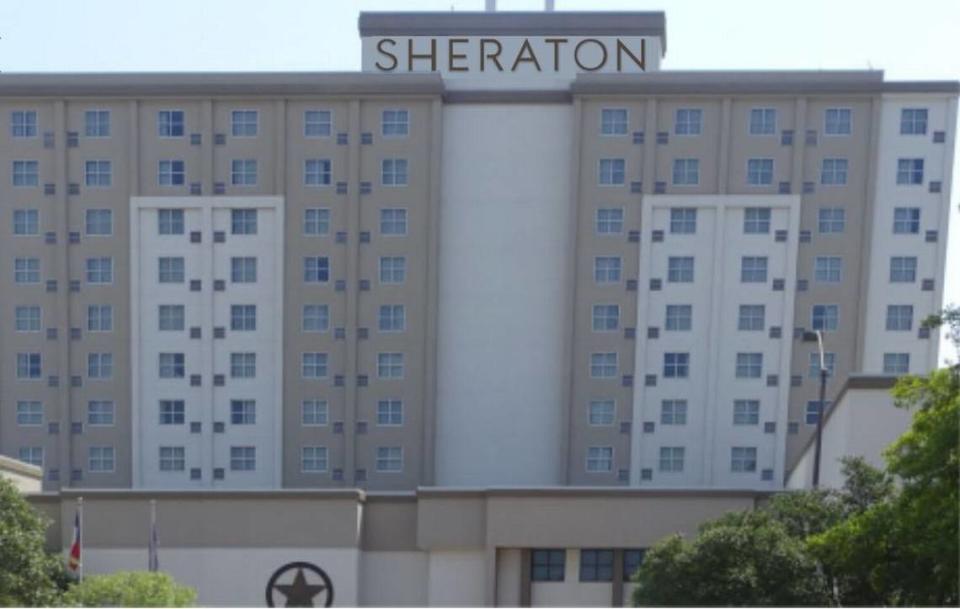 A rendering showing the new design branding for the Sheraton logo, as it would look on the downtown Fort Worth hotel.