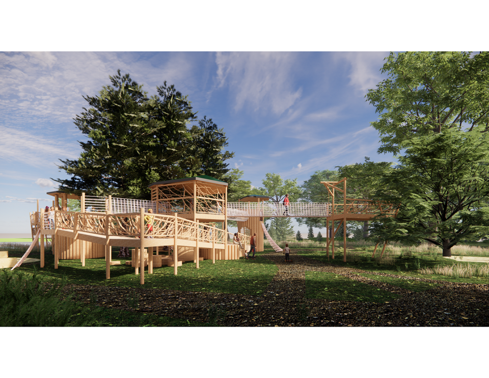 Preview images of what the new tree house at the Welborn Baptist Foundation Nature Playscape will look like when the treehouse is finished in early 2024.