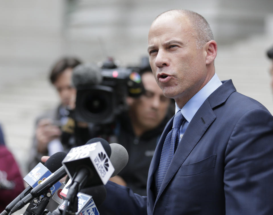 Michael Avenatti speaks to reporters after leaving a courthouse in New York, Tuesday, May 28, 2019, following a hearing where he plead not guilty to charges that he defrauded his most famous client, porn star Stormy Daniels. (AP Photo/Seth Wenig)