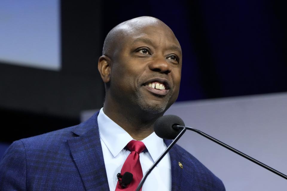 Republican presidential candidate Sen. Tim Scott, R-S.C., speaks during the Family Leadership Summit, Friday, July 14, 2023, in Des Moines, Iowa. | Charlie Neibergall, Associated Press