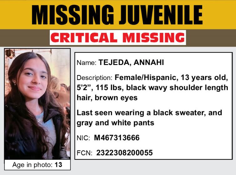 Family members and the Los Angeles County Sheriff's Department continue to search for a 13-year-old girl from Pico Rivera who went missing last Wednesday. Authorities say Annahi Tejeda left her home in the 8900 block of Gallatin Road near Rosemead Boulevard late in the evening and was later seen on surveillance video at a 7-Eleven on Beverly Boulevard.