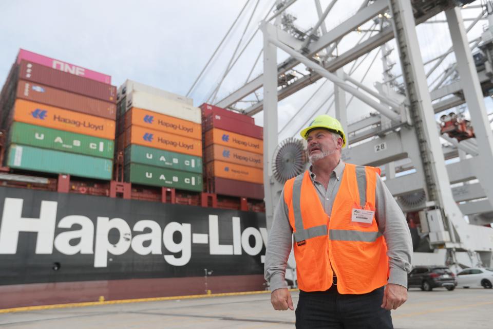 Tim Strickland visits the Georgia Ports Authority as containers are offloaded with items for his new Irish pub the Wexford that will be opening in City Market in 2024.