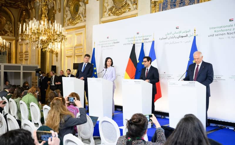 Annalena Baerbock (2nd L), Germany's Foreign Minister, Stephane Sejourne (2nd R), France's Foreign Minister, Josep Borrell (R), European Union High Representative for Foreign Affairs, and Janez Lenarcic (L), EU Commissioner for Crisis Management, speak at a press conference ahead of the ministerial meeting to support peace initiatives for Sudan. Bernd von Jutrczenka/dpa