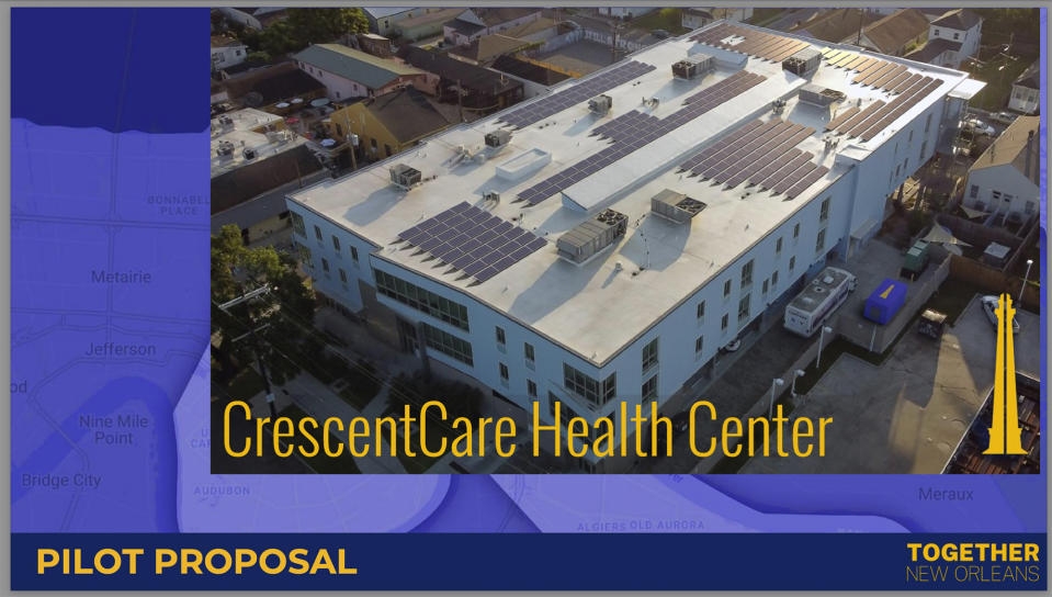 This artist rendering provided by Together New Orleans shows CrescentCare Health Center. Global warming is producing more extreme weather. That can mean extended power outages in places like New Orleans. A grassroots network is launching “Community Lighthouses” to meet the challenge. (Together New Orleans via AP)