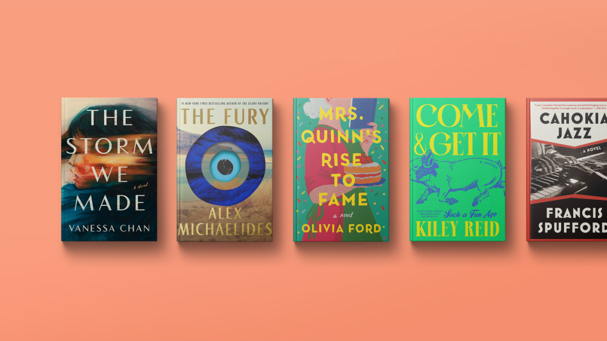 five books in a row on an orange background