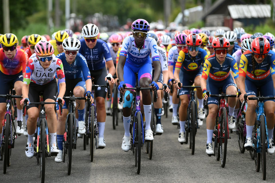 MONTIGNAC-LASCAUX, FRANCE - JULY 25: (L-R) Alena Amialiusik of Belarus and UAE Team ADQ, Jenny Rissveds of Sweden and Team Coop - Hitec Products, Teniel Campbell of Trinidad y Tobago and Team Jayco AlUla and Amanda Spratt of Australia and Team  Lidl - Trek compete during the 2nd Tour de France Femmes 2023, Stage 3 a 147.2km stage from Collonges-la-Rouge to Montignac-Lascaux / #UCIWWT / on July 25, 2023 in Montignac-Lascaux, France. (Photo by Alex Broadway/Getty Images)