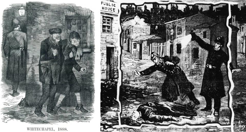 Late 1800s cartoons of Jack the Ripper and police work