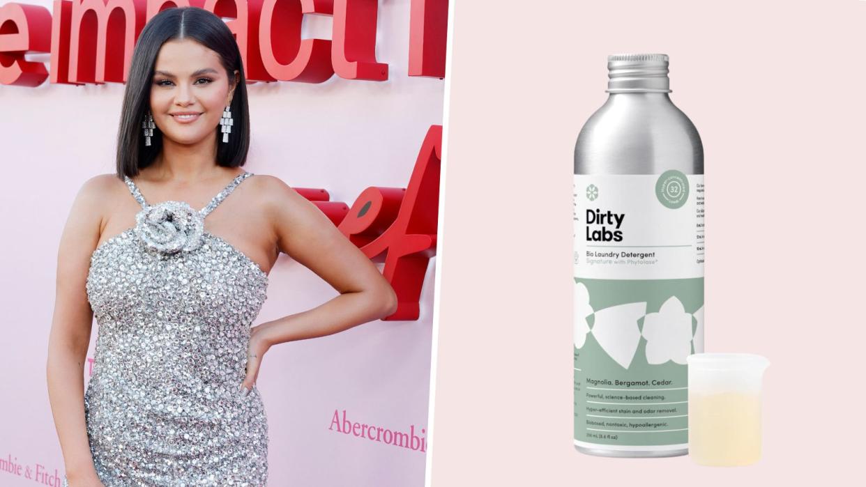  A side by side of selena gomez in a silver dress at a rare beauty event next to a bottle of dirty labs laundry detergent on a pink background. 