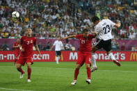 L'VIV, UKRAINE - JUNE 09: Mario Gomez of Germany scores their first goal during the UEFA EURO 2012 group B match between Germany and Portugal at Arena Lviv on June 9, 2012 in L'viv, Ukraine. (Photo by Joern Pollex/Getty Images)