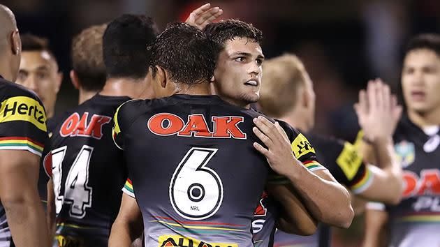 Nathan Cleary celebrates a try with Te Maire Martin. Pic: Getty