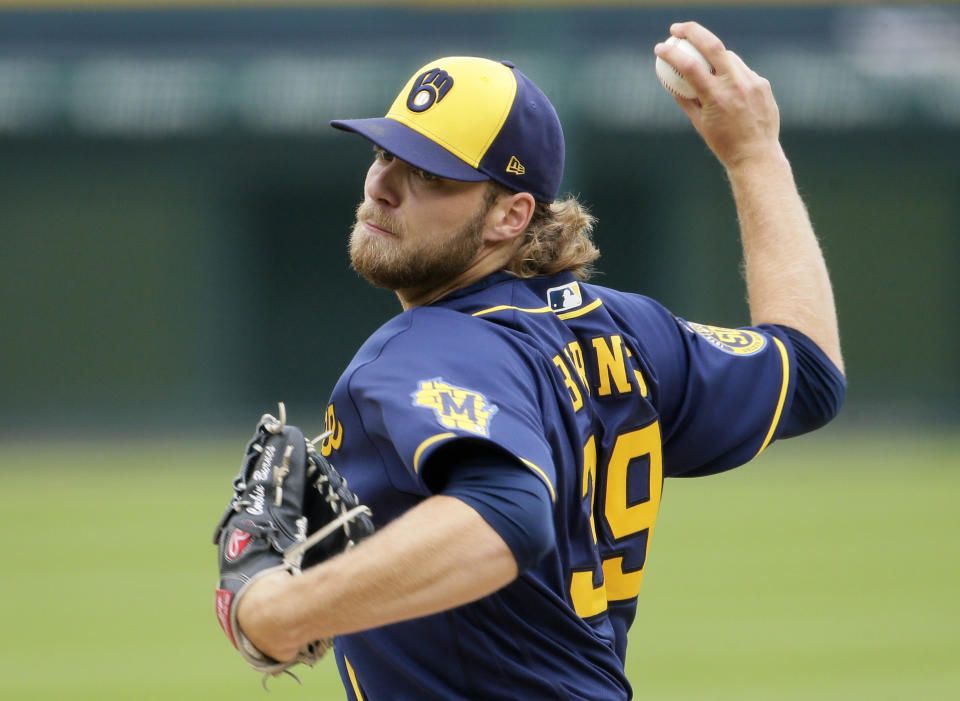 Milwaukee Brewers' Corbin Burnes (39) pitches against the Detroit Tigers during the second inning of a baseball game Wednesday, Sept. 9, 2020, in Detroit. (AP Photo/Duane Burleson)