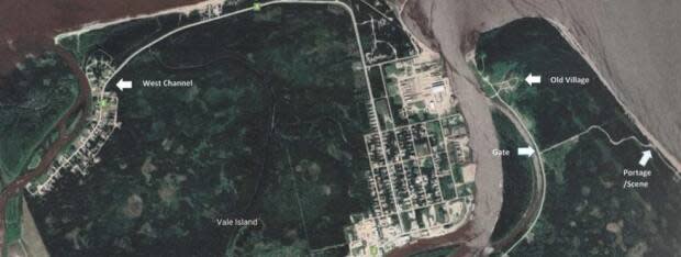 An areal photo of the area near Hay River, N.W.T., shows the isolated area known as 'The Portage.' right, where the victim was found and the West Channel area of Vale Island, where the cousins accused in the death live. 