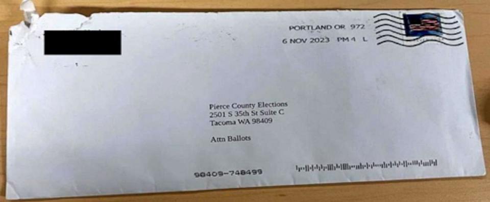 PHOTO: The FBI released an image of one of the suspecious letters delivered to election offices on Nov. 9, 2021. (Pierce County Auditor’s Office)