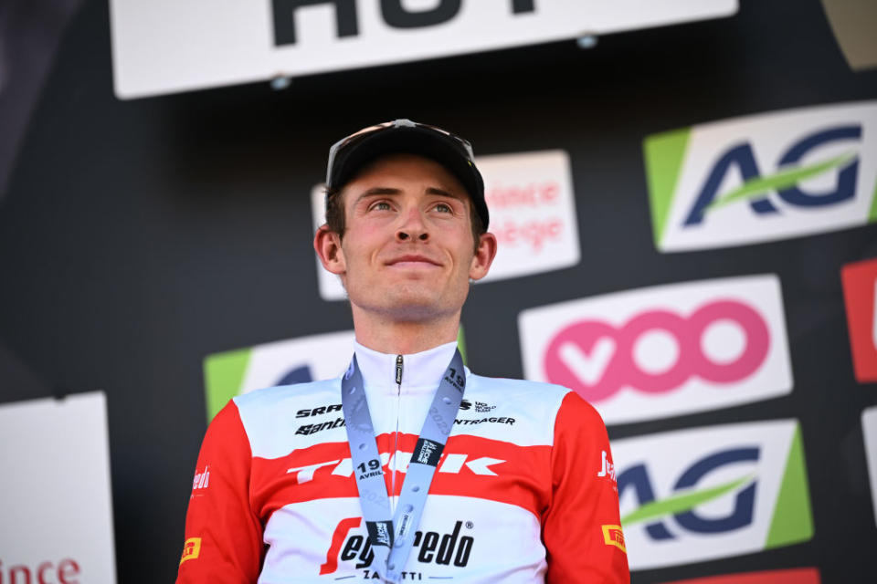 HUY BELGIUM  APRIL 19 Mattias Skjelmose of Denmark and Team Trek  Segafredo on second place poses on the podium ceremony after the 87th La Fleche Wallonne 2023 Mens Elite a 1943km one day race from Herve to Mur de Huy  UCIWT  on April 19 2023 in Huy Belgium Photo by David StockmanGetty Images