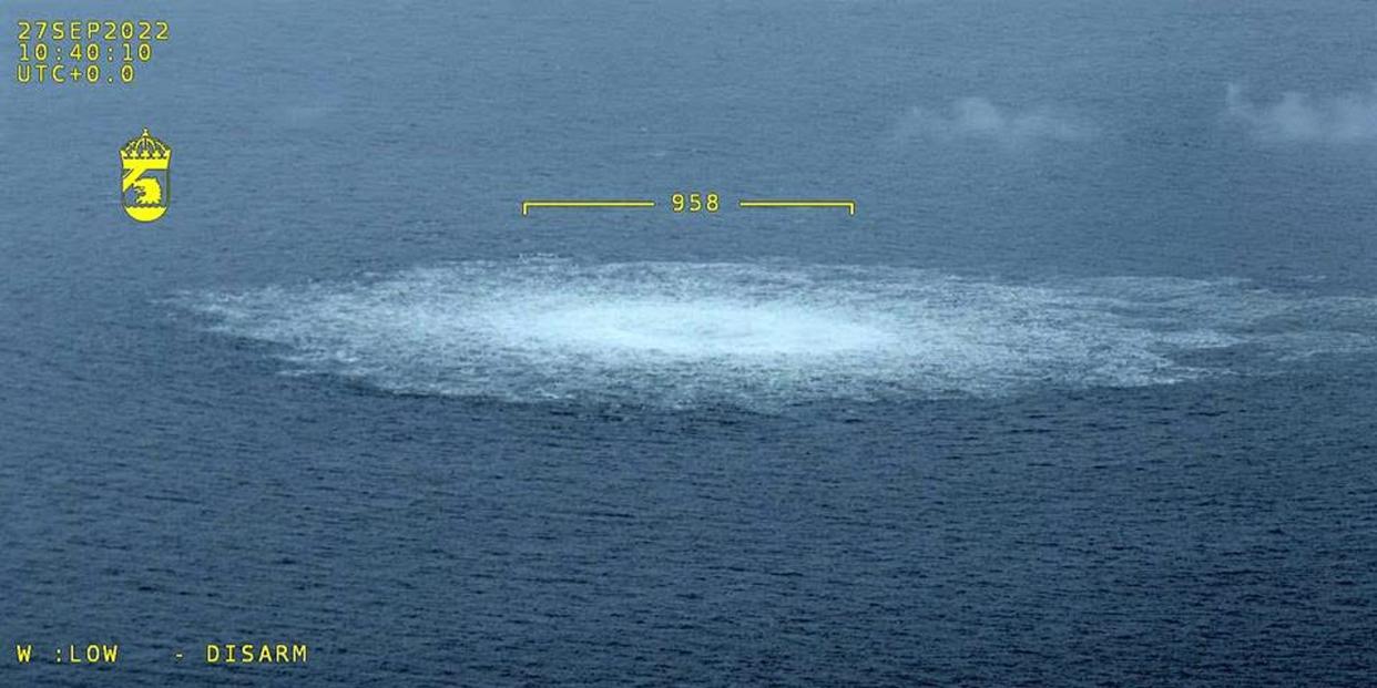 In this Handout Photo provided by Swedish Coast Guard, the release of gas emanating from a leak on the Nord Stream 2 gas pipeline in the Baltic Sea on September 27, 2022 in At Sea