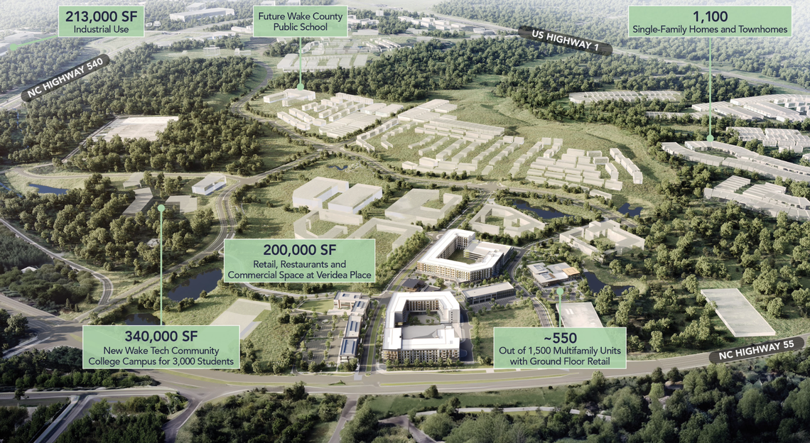 An aerial rendering of Veridea, “live-work-play” community planned for roughly 1,100 acres between U.S. Highway 1 and N.C. 540 in Apex.