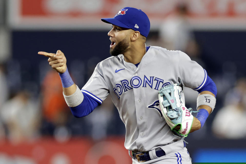 FILE - Toronto Blue Jays' Lourdes Gurriel Jr. reacts after the ninth inning of the team's baseball game against the New York Yankees on Thursday, Aug. 18, 2022, in New York. The Arizona Diamondbacks acquired highly regarded catching prospect Gabriel Moreno and veteran outfielder Lourdes Gurriel Jr. on Friday, Dec. 23, 2022, sending slugger Daulton Varsho to the Toronto Blue Jays. (AP Photo/Adam Hunger, File)