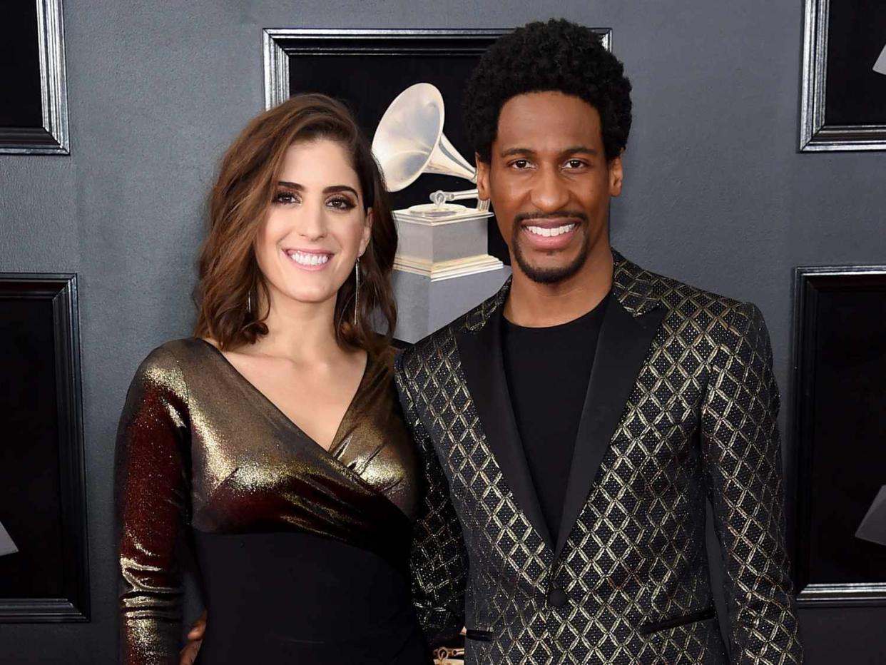 Suleika Jaouad (L) and recording artist Jon Batiste attend the 60th Annual GRAMMY Awards at Madison Square Garden on January 28, 2018 in New York City