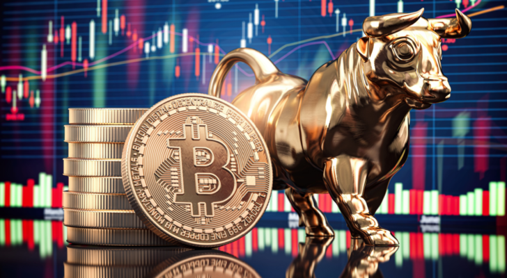 Bitcoin coin with bull and stock chart. Bullish market of BTC-USD. rising meme cryptos Cryptos to Buy