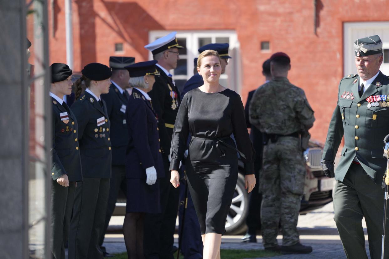 Denmark's Prime Minister Mette Frederiksen (C) arrives at the Military Headquarters Kastellet in Copenhagen, Denmark, during a ceremony marking the Flag Day for Denmark's emissaries on September 5, 2021. - The Flag Day honours people who are or have been sent on a mission by Denmark. - Denmark OUT (Photo by Keld Navntoft / Ritzau Scanpix / AFP) / Denmark OUT (Photo by KELD NAVNTOFT/Ritzau Scanpix/AFP via Getty Images)