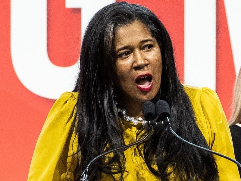 Secretary of State candidate Kristina Karamo speaks after winning the endorsement during the MIGOP State Convention at the DeVos Place in Grand Rapids on April 23, 2022.