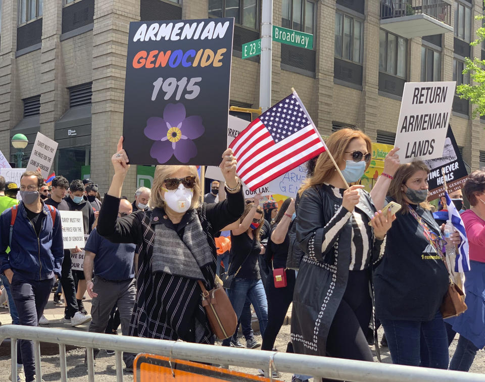 Demonstrators march in a rally protesting against Armenian genocide on 23rd Street, Saturday, April 24, 2021, in New York. The United States is formally recognizing that the systematic killing and deportation of hundreds of thousands of Armenians by Ottoman Empire forces in the early 20th century was “genocide” as President Joe Biden used that precise word that the White House has avoided for decades for fear of alienating ally Turkey. (AP Photo/Pamela Hassell)