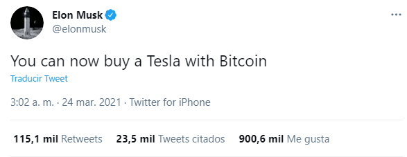 Fuente: <a href="https://twitter.com/elonmusk/status/1374617643446063105" rel="nofollow noopener" target="_blank" data-ylk="slk:Twitter;elm:context_link;itc:0;sec:content-canvas" class="link ">Twitter</a>