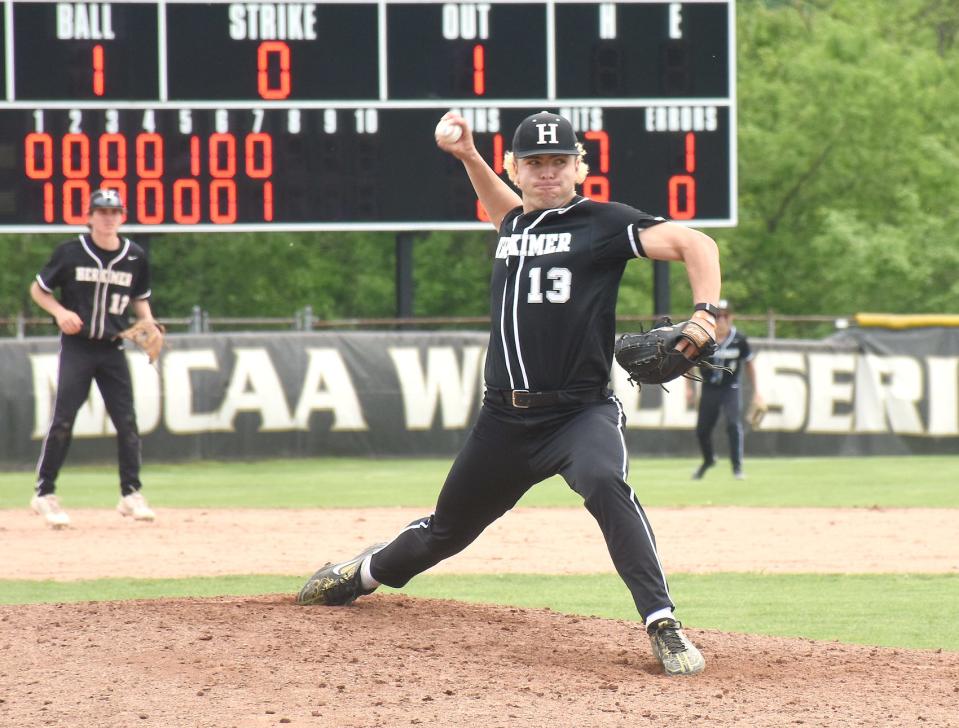 Herkimer College General Ryan Packard (13) delivers a pitch against Erie Community College in NJCAA Region III Division III baseball Final Four play Friday at Veterans Memorial Park.